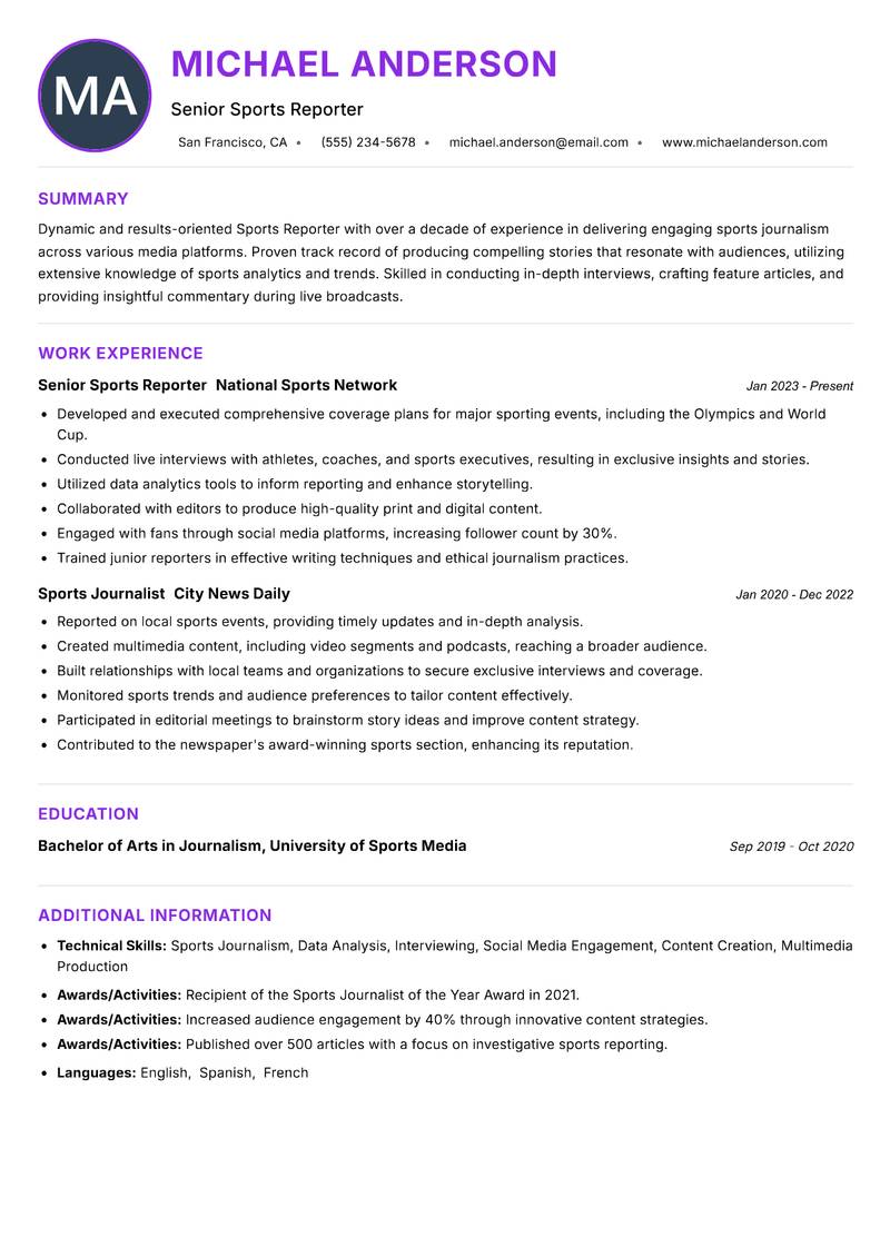 Sports Reporter resume example