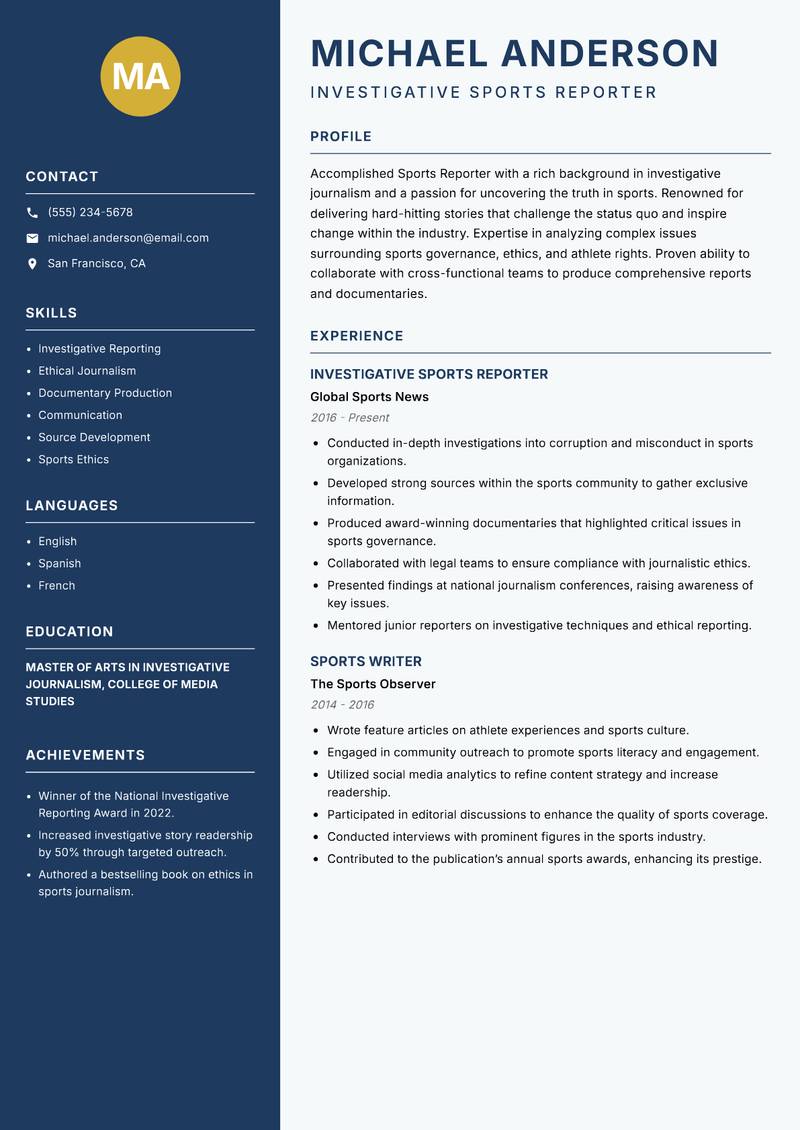 Sports Reporter resume sample — Investigative Sports Reporter focus