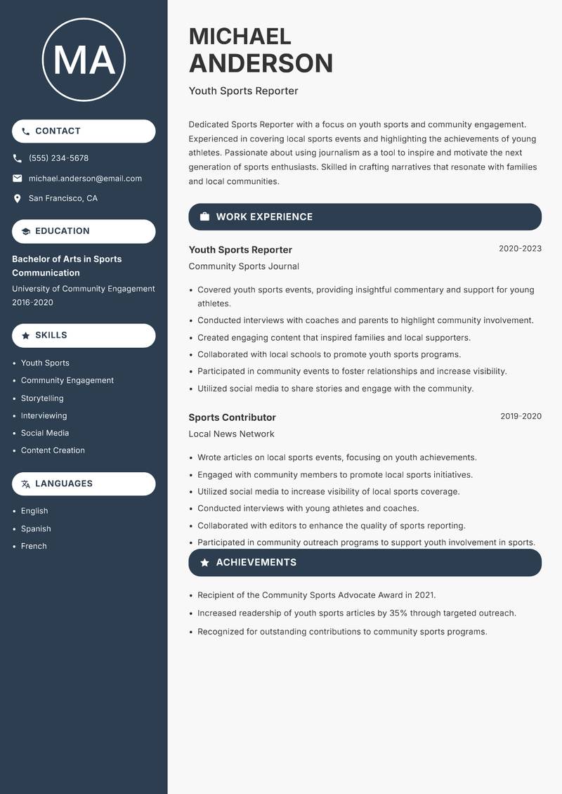 Sports Reporter resume sample — Youth Sports Reporter focus