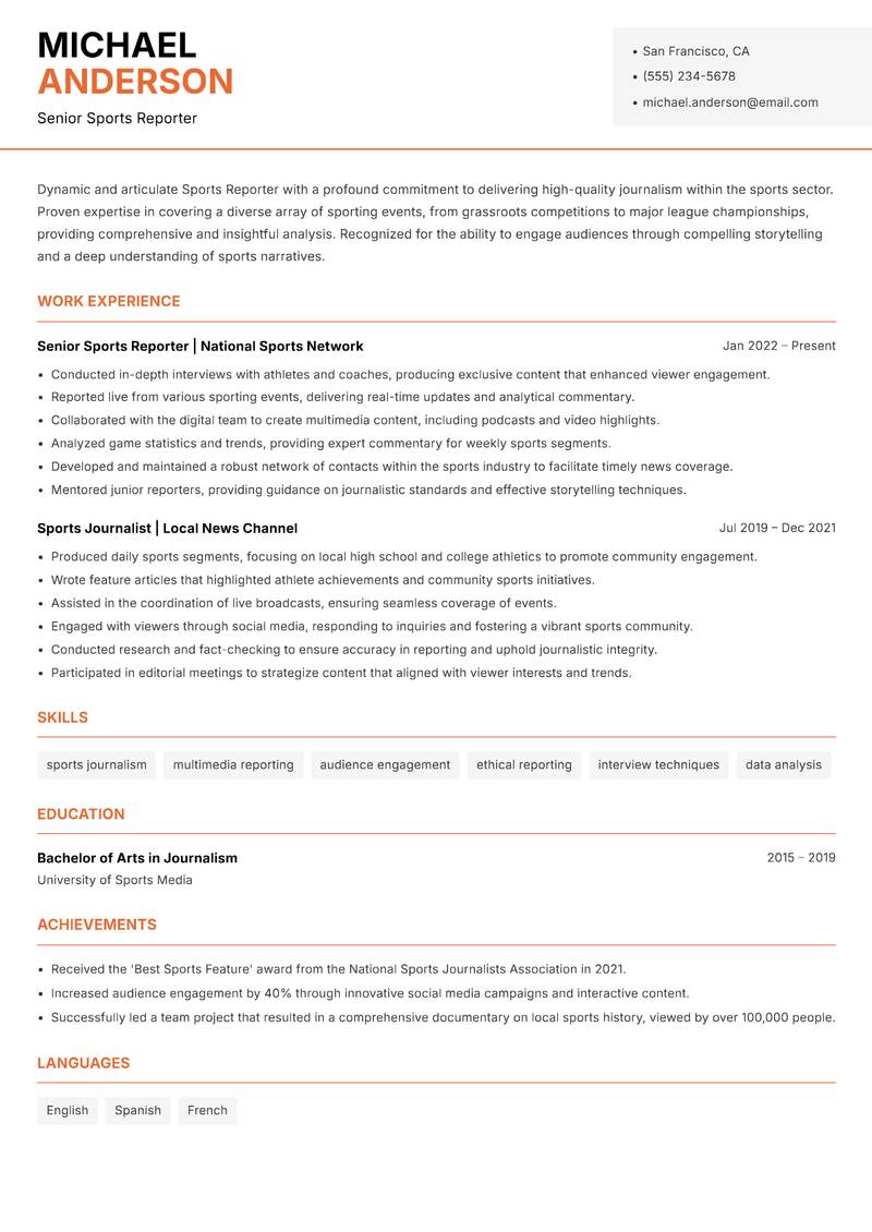 Sports Reporter resume sample — Senior Sports Reporter focus