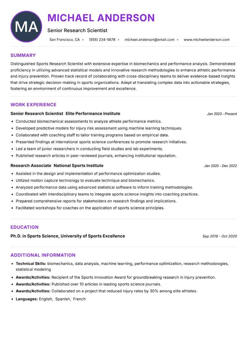 Sports Research Scientist resume example
