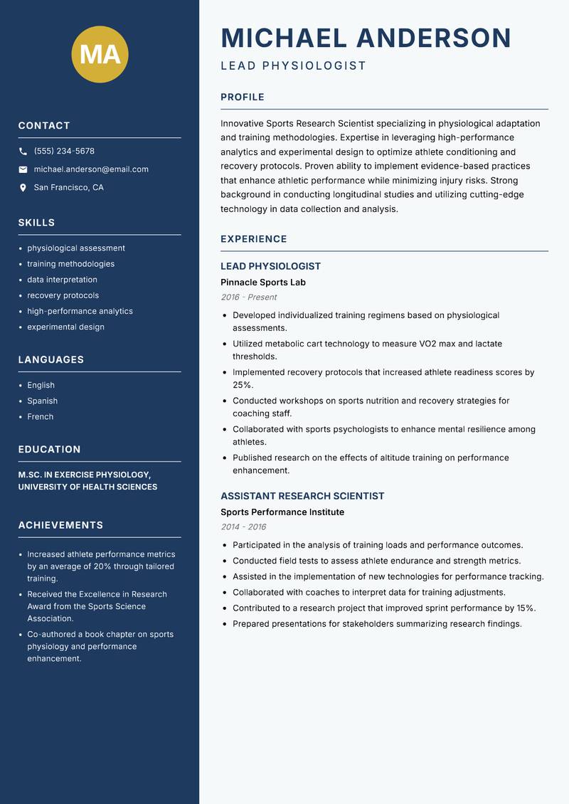 Sports Research Scientist resume sample — Lead Physiologist focus