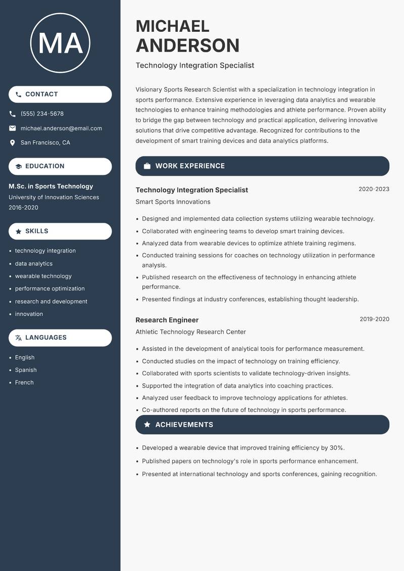 Sports Research Scientist resume sample — Technology Integration Specialist focus