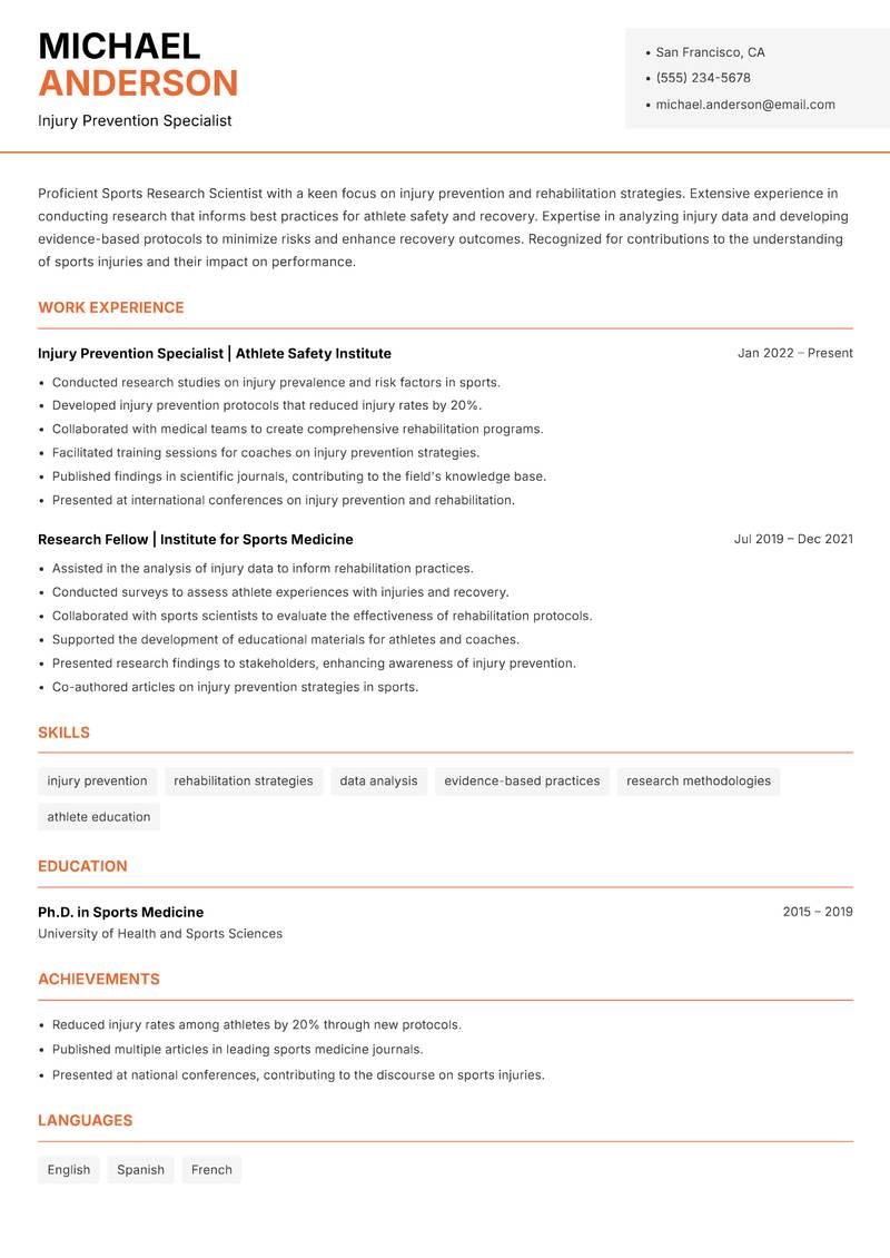 Sports Research Scientist resume sample — Injury Prevention Specialist focus