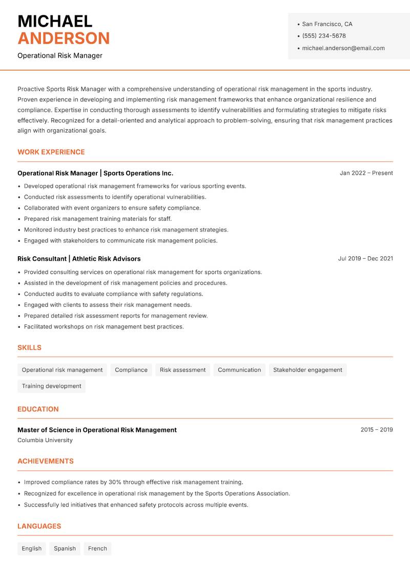 Sports Risk Manager resume sample — Operational Risk Manager focus