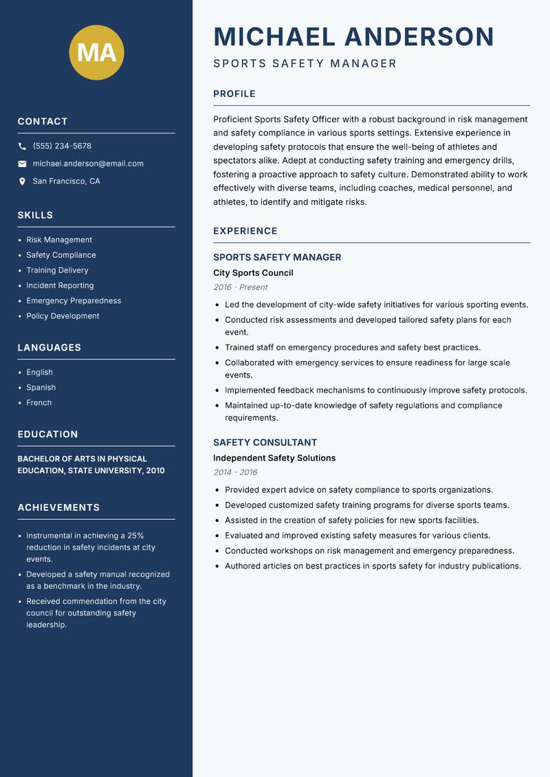 Sports Safety Officer resume sample — Sports Safety Manager focus