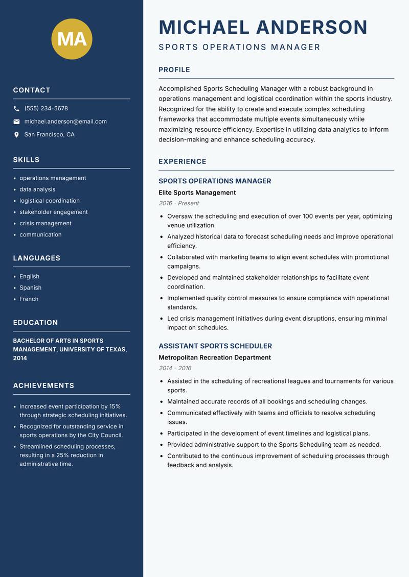 Sports Scheduling Manager resume sample — Sports Operations Manager focus