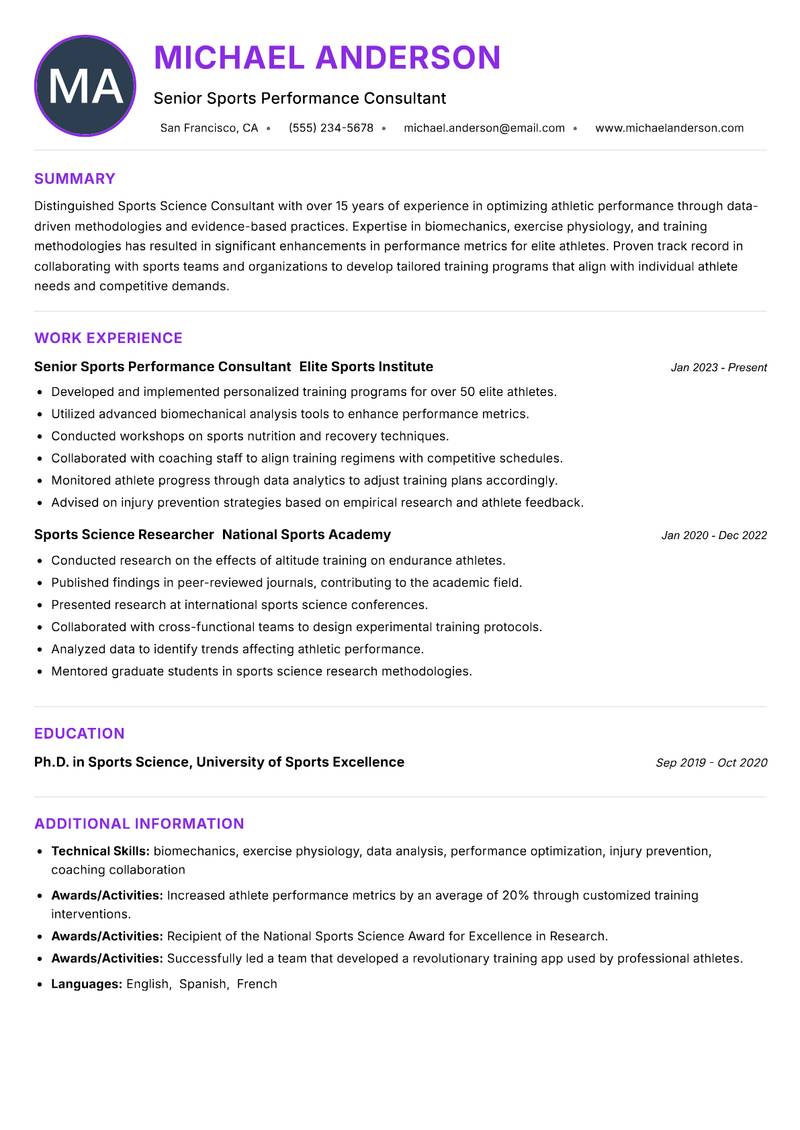 Sports Science Consultant resume example