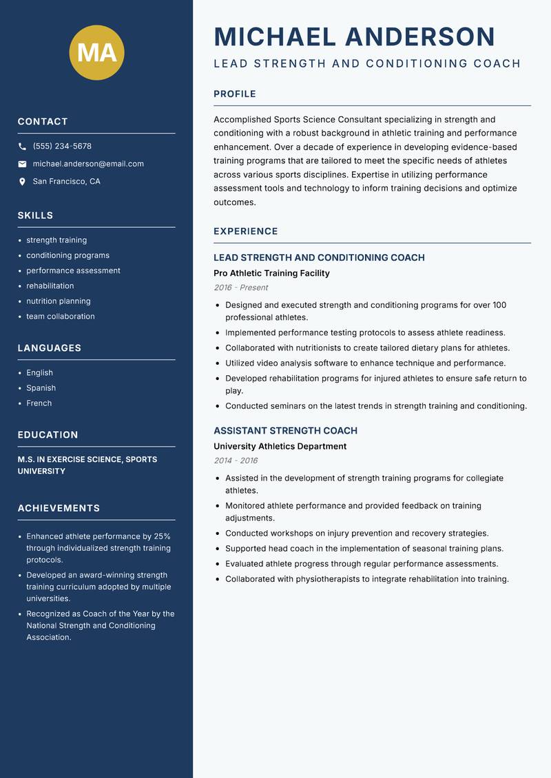 Sports Science Consultant resume sample — Lead Strength and Conditioning Coach focus