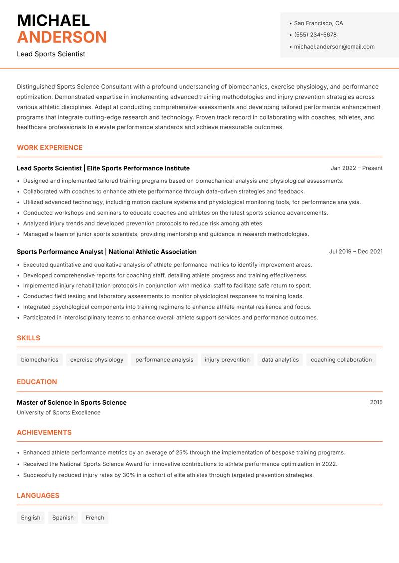 Sports Science Consultant resume sample — Lead Sports Scientist focus