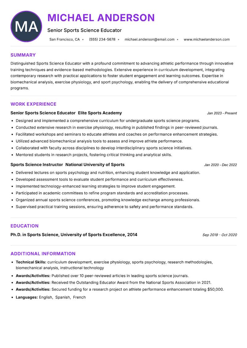 Sports Science Educator resume example