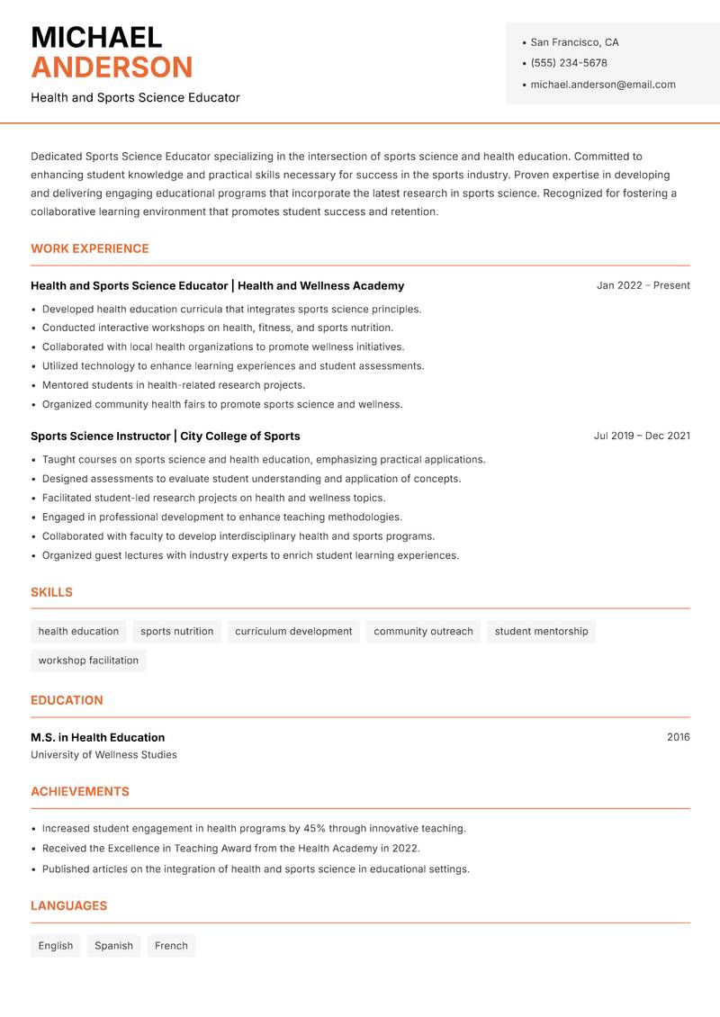 Sports Science Educator resume sample — Health and Sports Science Educator focus