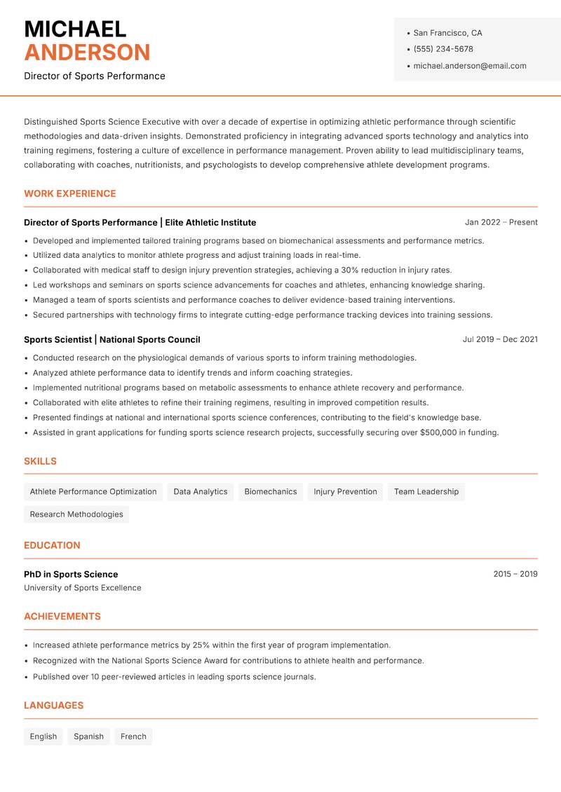 Sports Science Executive resume sample — Director of Sports Performance focus