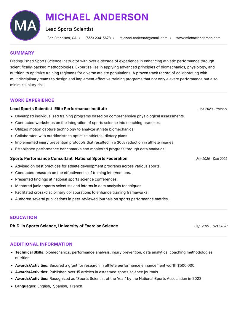 Sports Science Instructor resume example