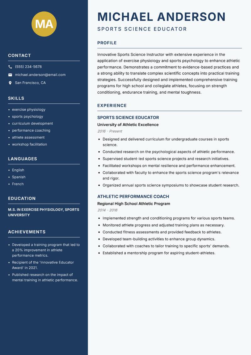 Sports Science Instructor resume sample — Sports Science Educator focus