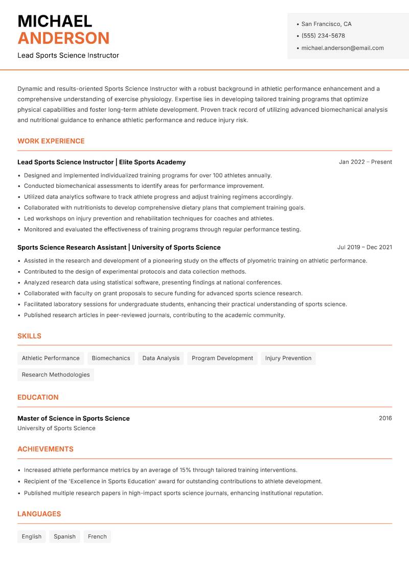 Sports Science Instructor resume sample — Lead Sports Science Instructor focus