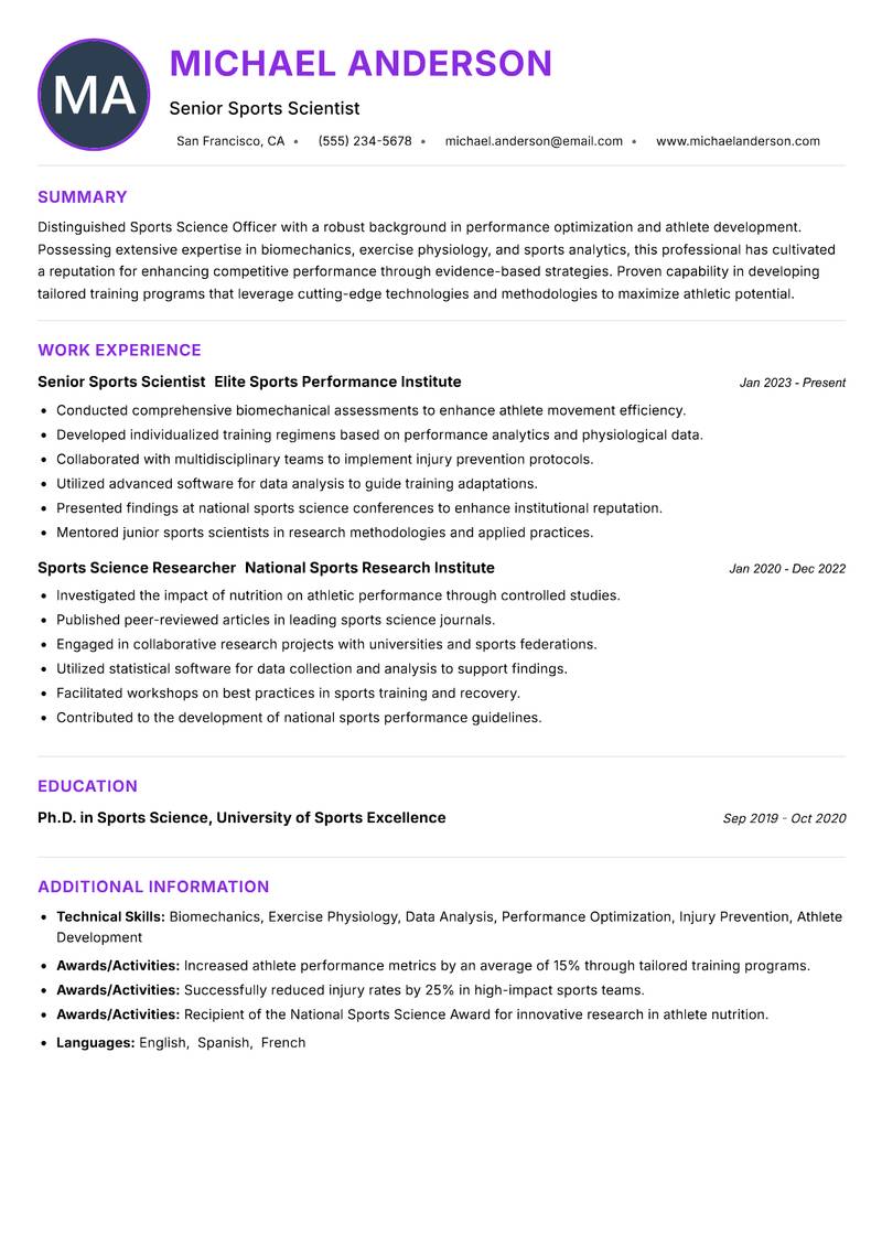 Sports Science Officer resume example