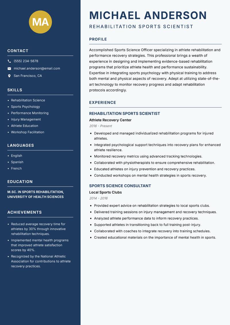 Sports Science Officer resume sample — Rehabilitation Sports Scientist focus