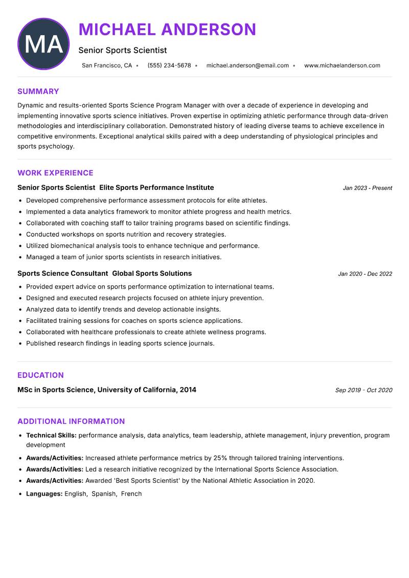 Sports Science Program Manager resume example