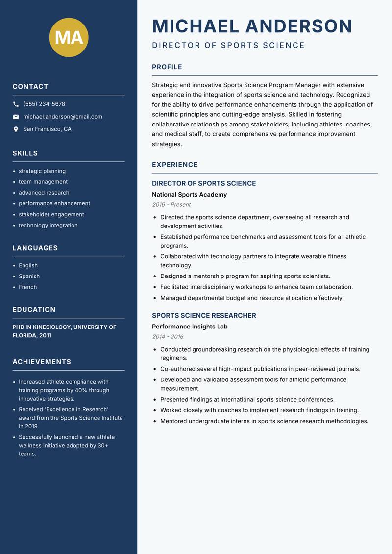 Sports Science Program Manager resume sample — Director of Sports Science focus