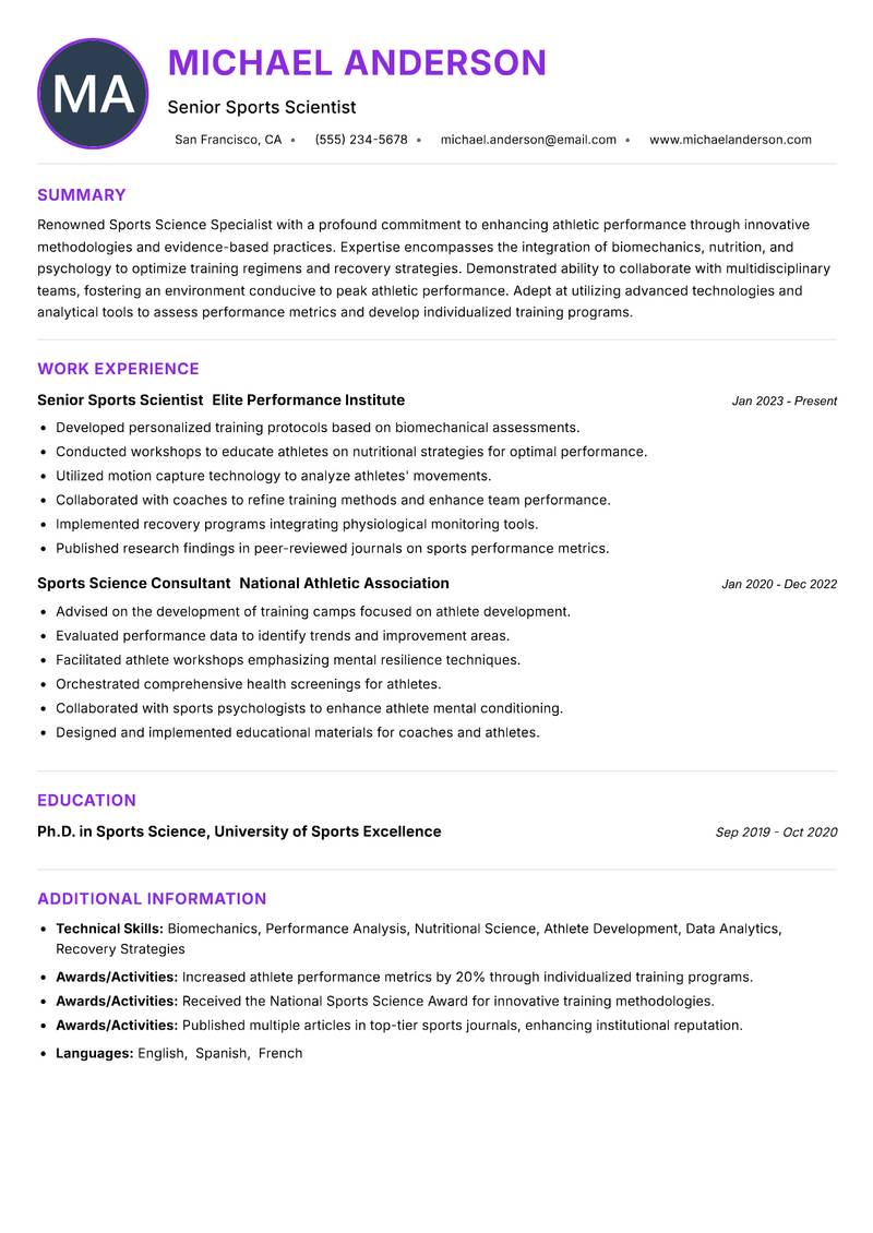 Sports Science Specialist resume example