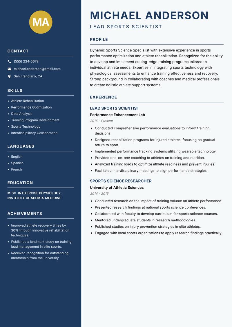Sports Science Specialist resume sample — Lead Sports Scientist focus