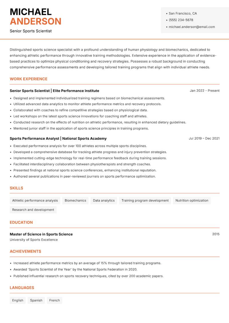 Sports Science Specialist resume sample — Senior Sports Scientist focus