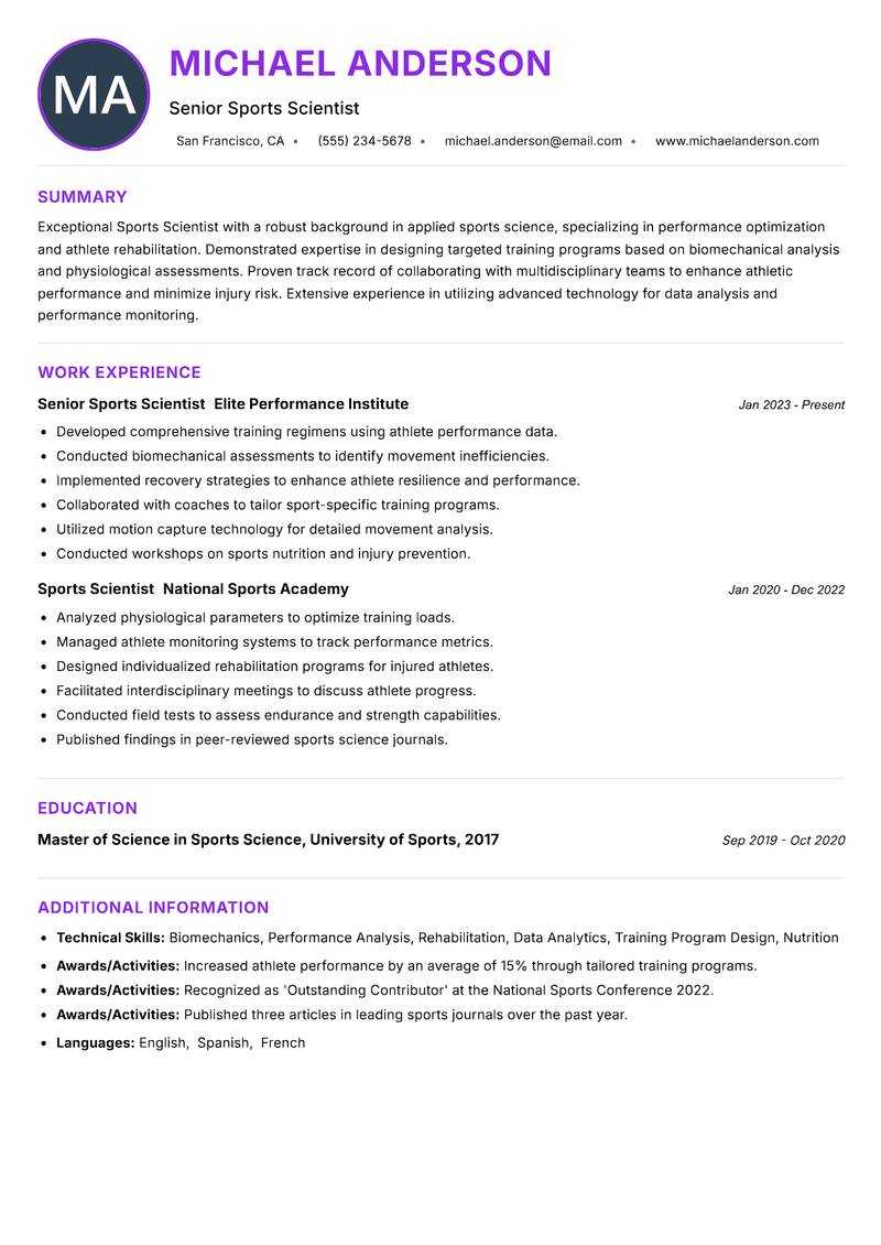 Sports Scientist resume example
