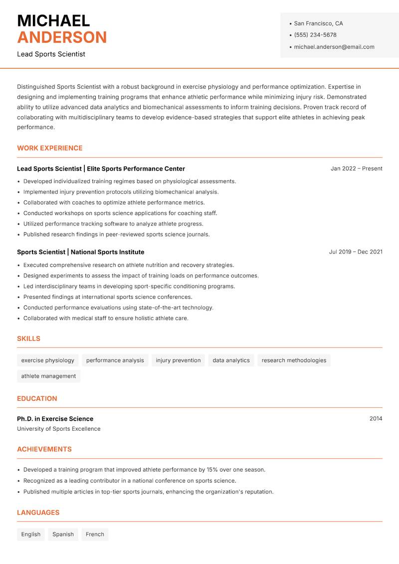 Sports Scientist resume sample — Lead Sports Scientist focus