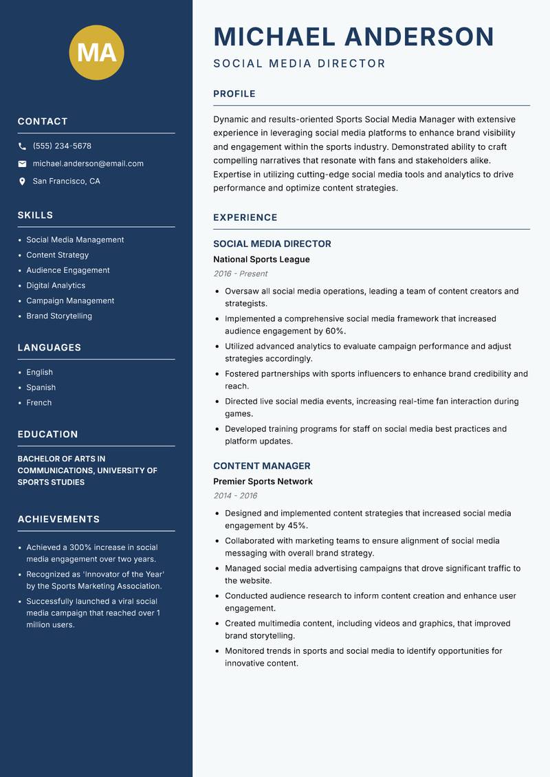 Sports Social Media Manager resume sample — Social Media Director focus