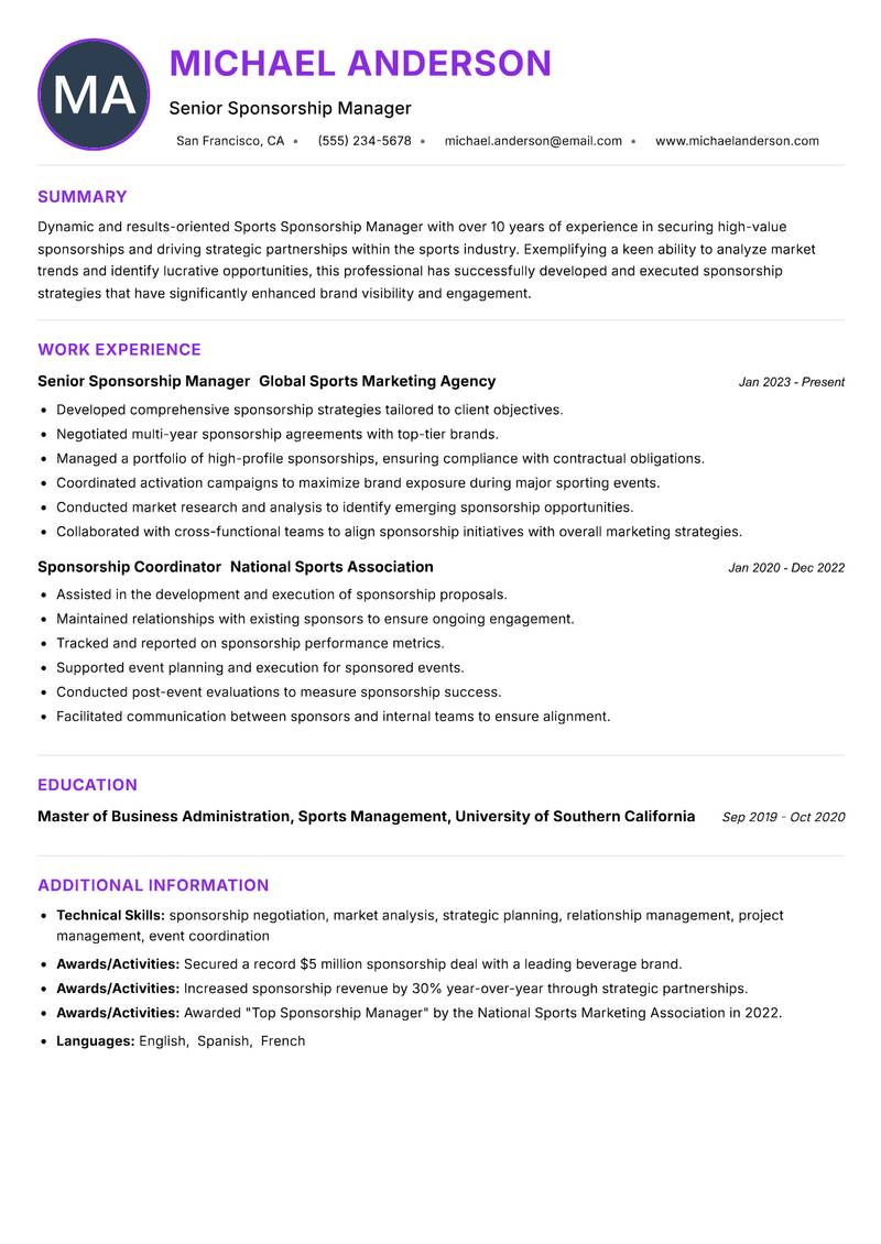 Sports Sponsorship Manager resume example