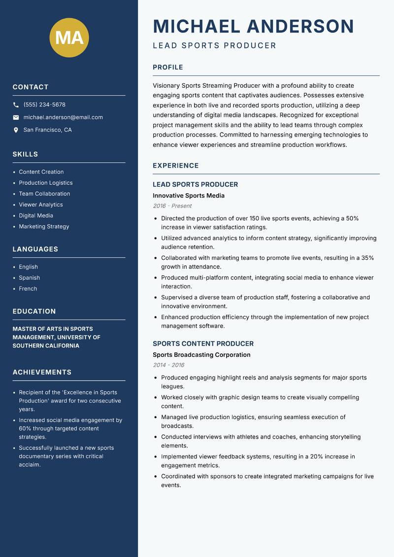 Sports Streaming Producer resume sample — Lead Sports Producer focus