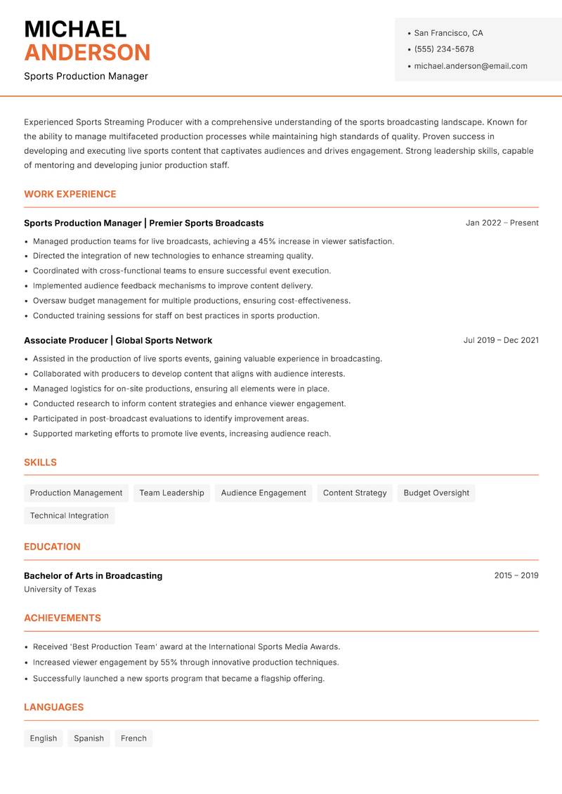 Sports Streaming Producer resume sample — Sports Production Manager focus