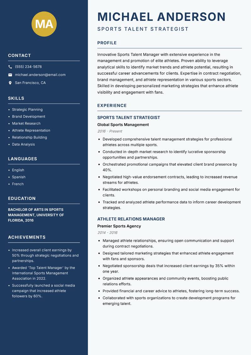 Sports Talent Manager resume sample — Sports Talent Strategist focus