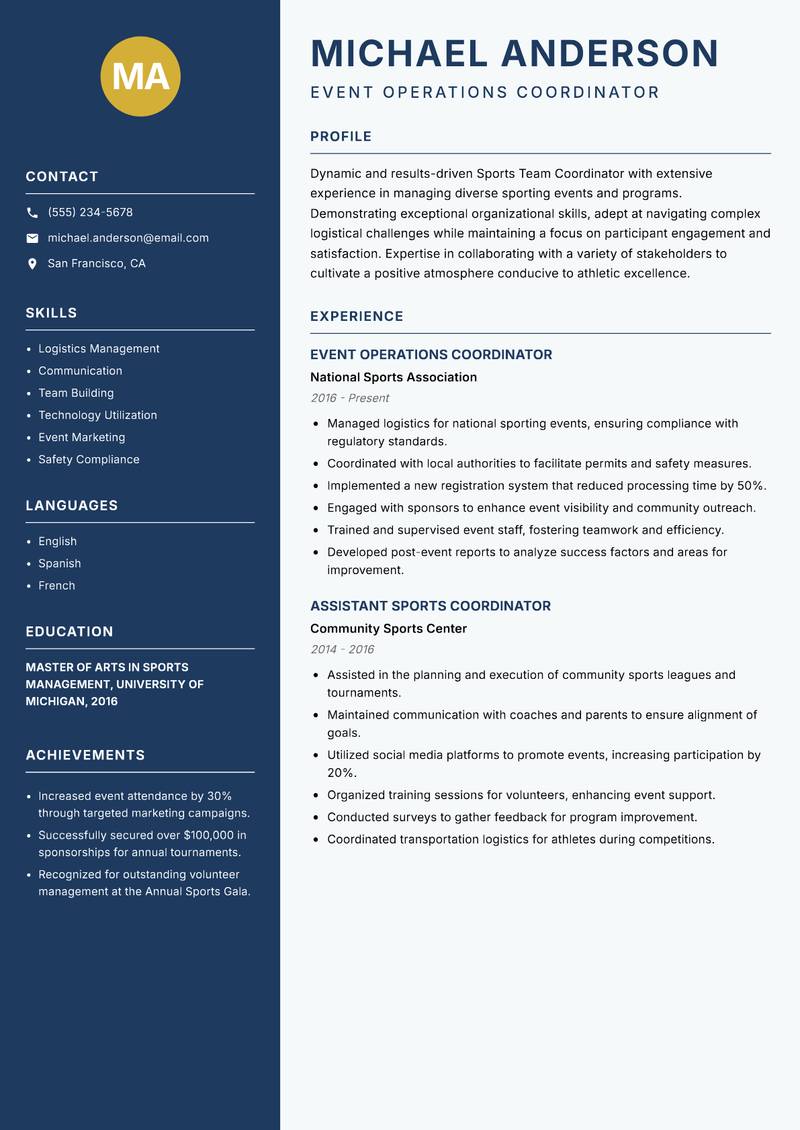 Sports Team Coordinator resume sample — Event Operations Coordinator focus
