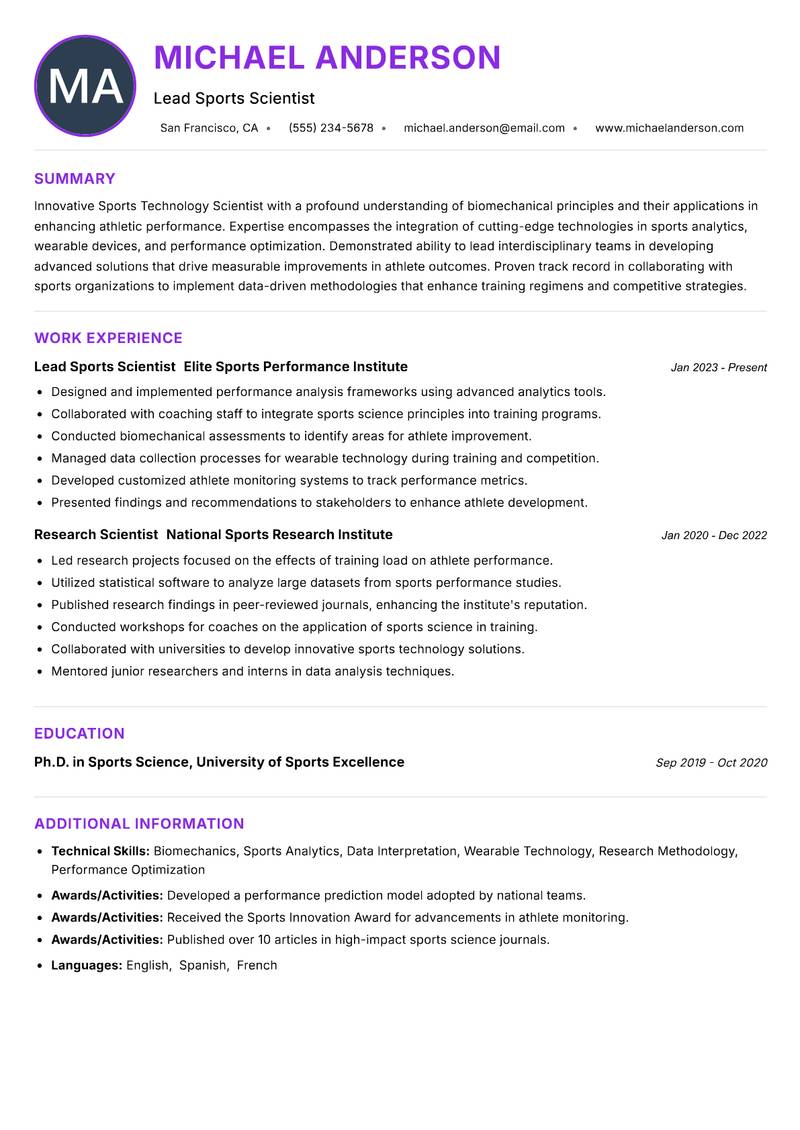 Sports Technology Scientist resume example