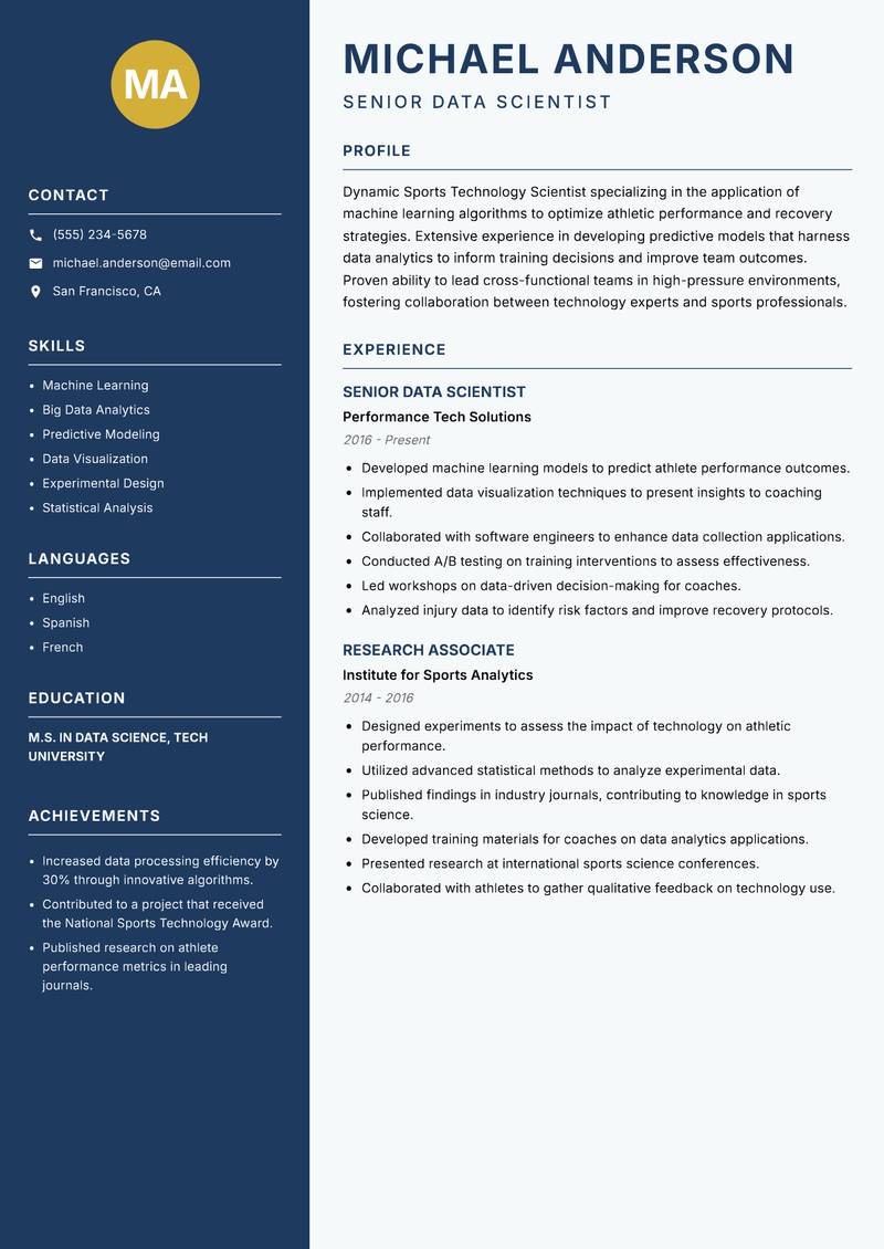 Sports Technology Scientist resume sample — Senior Data Scientist focus