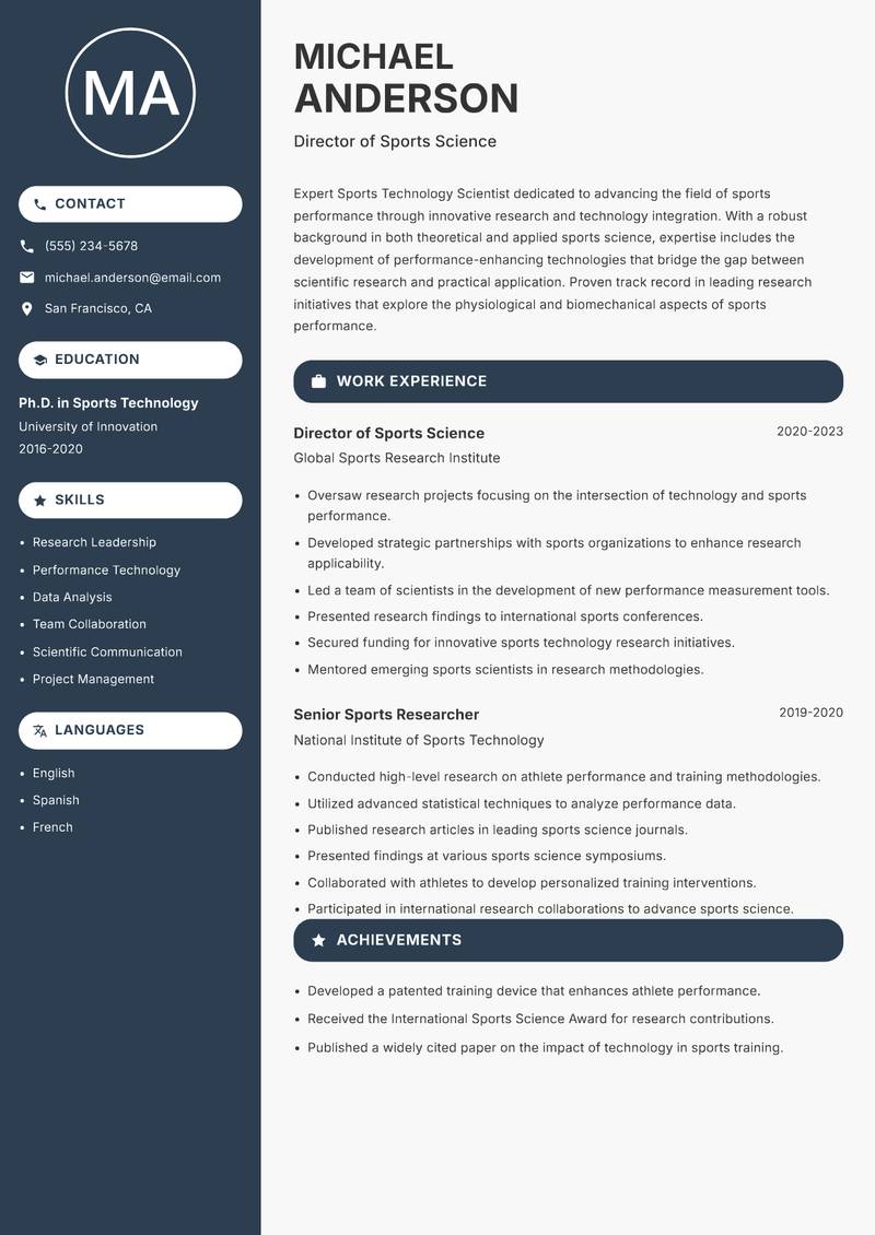 Sports Technology Scientist resume sample — Director of Sports Science focus