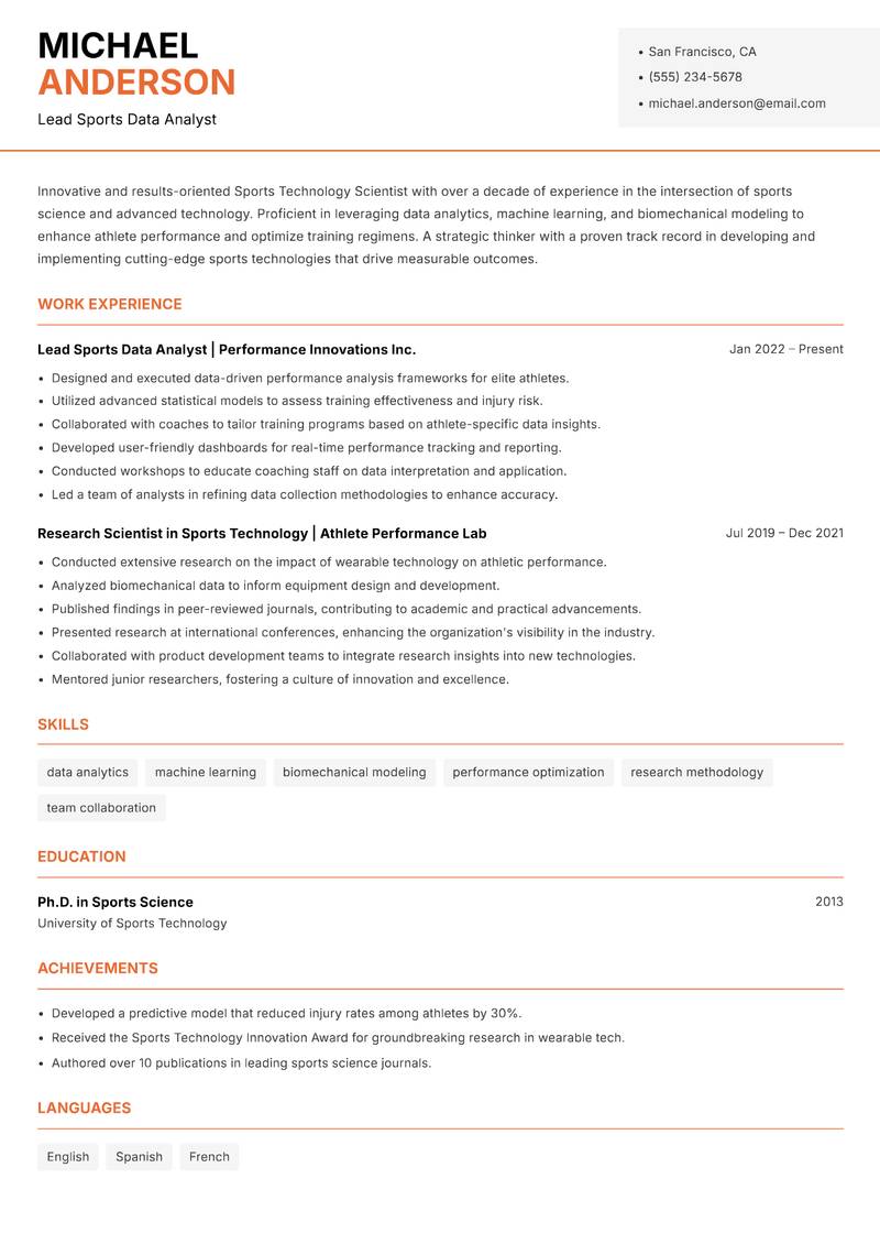 Sports Technology Scientist resume sample — Lead Sports Data Analyst focus