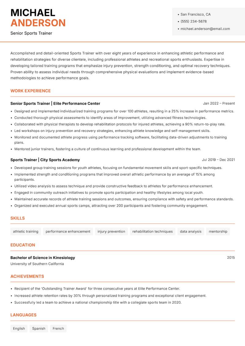 Sports Trainer resume sample — Senior Sports Trainer focus