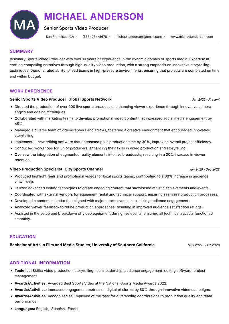 Sports Video Producer resume example