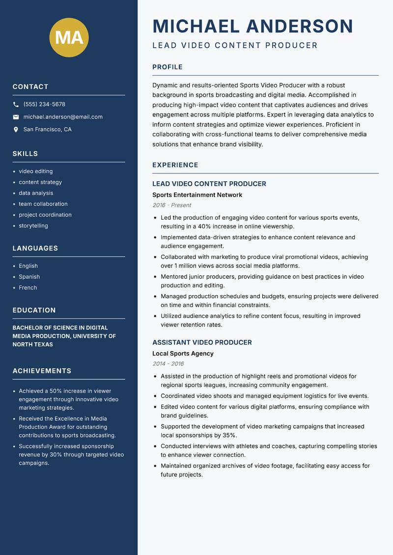 Sports Video Producer resume sample — Lead Video Content Producer focus
