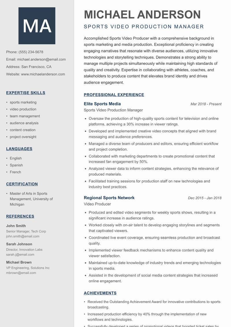 Sports Video Producer resume sample — Sports Video Production Manager focus