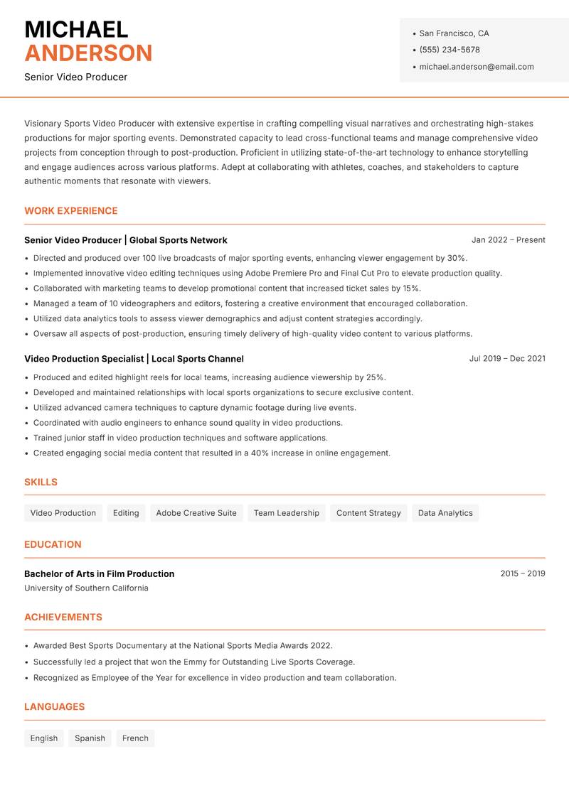 Sports Video Producer resume sample — Senior Video Producer focus