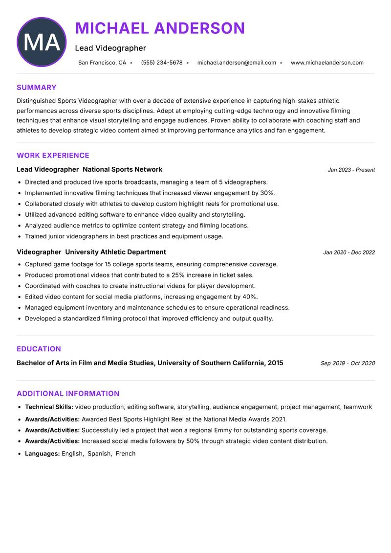 Sports Videographer resume example