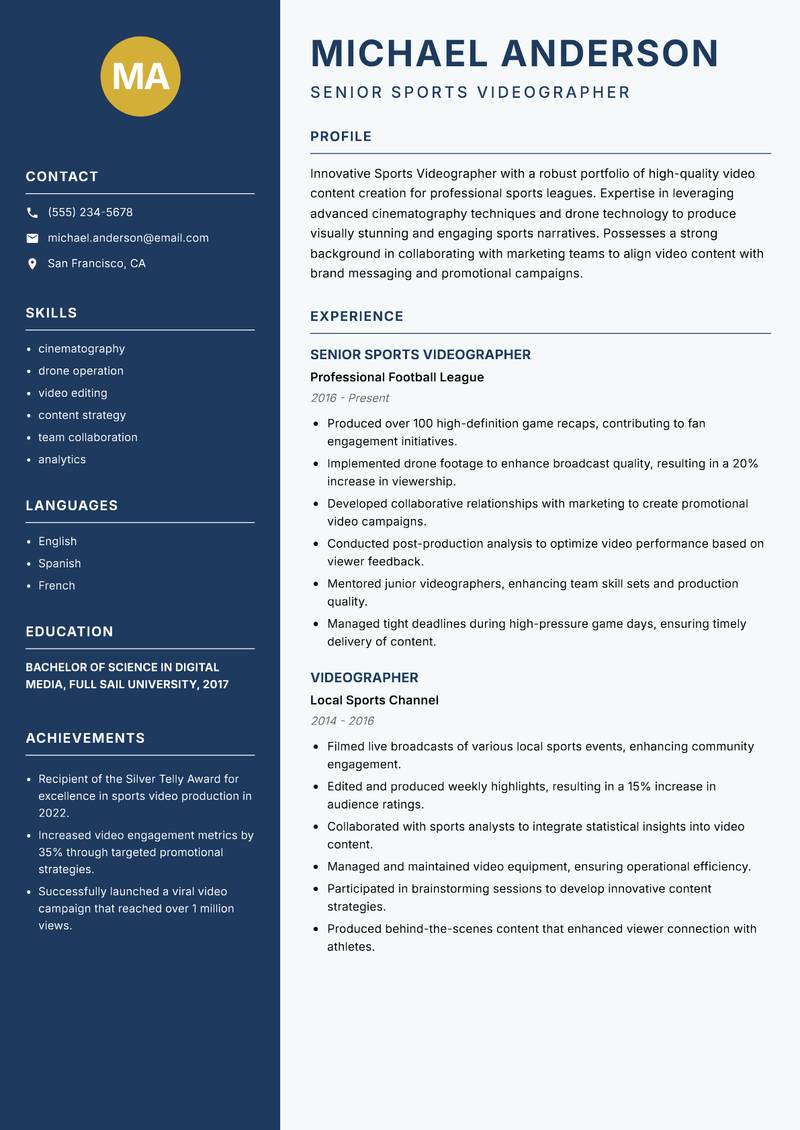Sports Videographer resume sample — Senior Sports Videographer focus