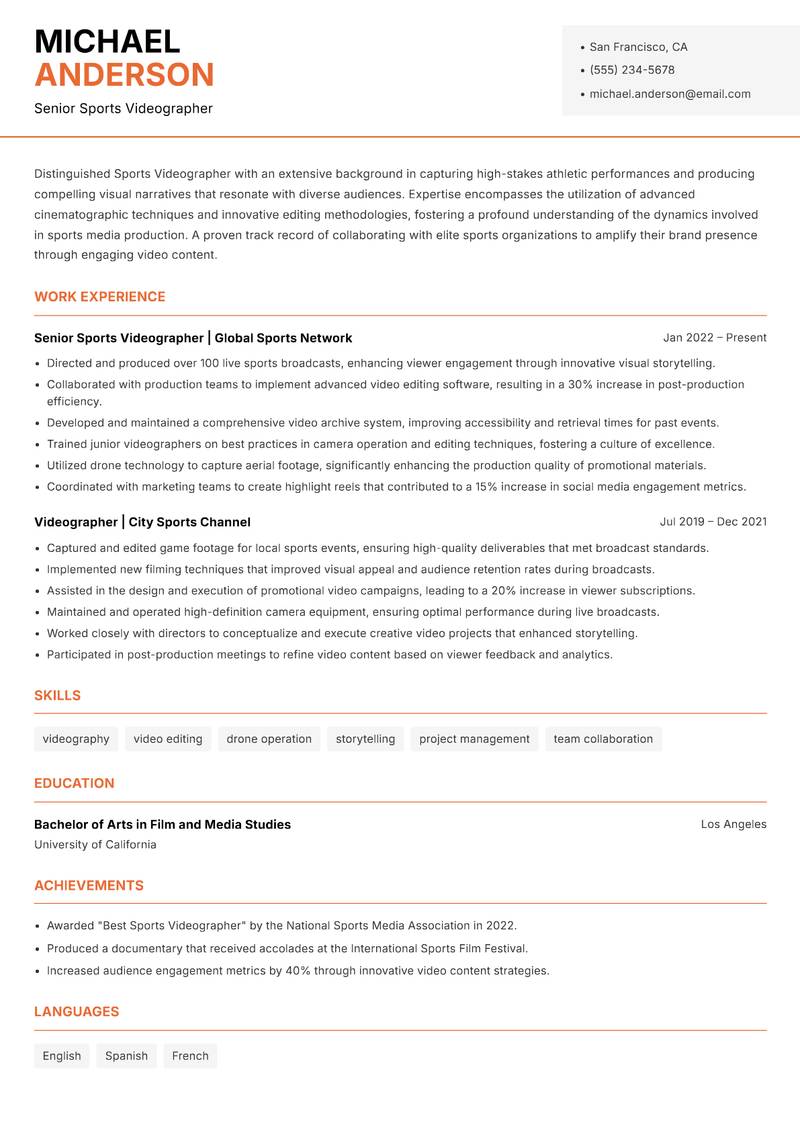 Sports Videographer resume sample — Senior Sports Videographer focus