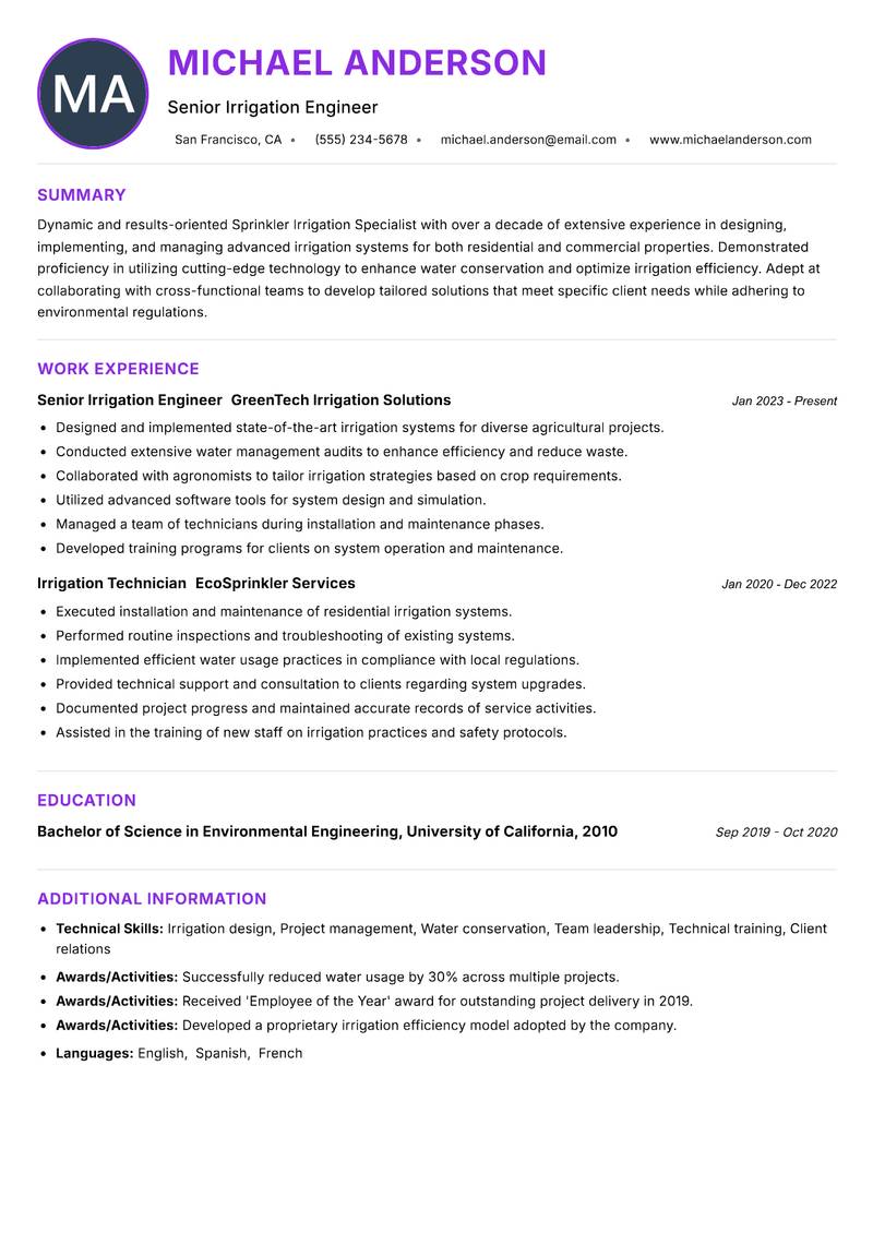 Sprinkler Irrigation Specialist resume example