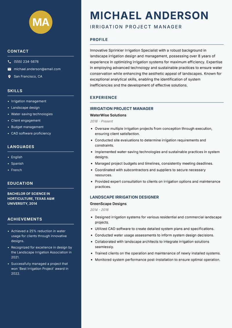 Sprinkler Irrigation Specialist resume sample — Irrigation Project Manager focus