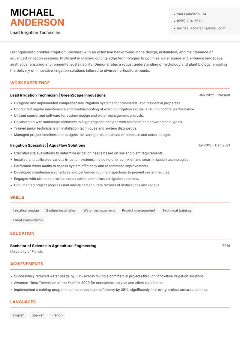 Sprinkler Irrigation Specialist resume sample — Lead Irrigation Technician focus